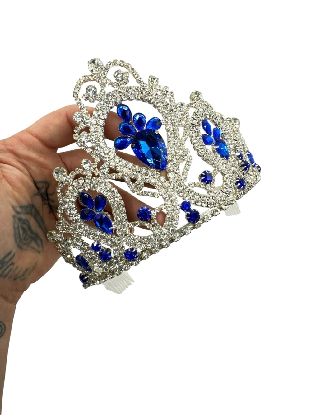 Vintage Blue Rhinestone Crown Tiara Prong Set Rhinestone Crown Prom Bridal - Picture 3 of 6